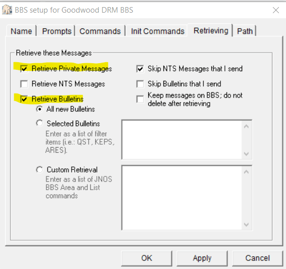 Screen shot of BBS Retrieval settings
