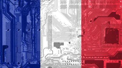 French flag with IC circuit board transparently shown over it