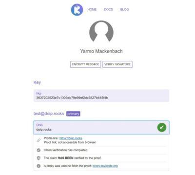 Screenshot showing a Keyoxide profile and a verified identity