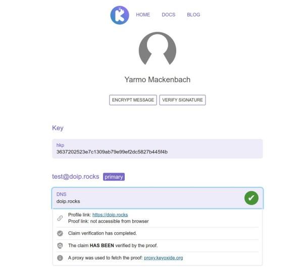 Screenshot showing a Keyoxide profile and a verified identity