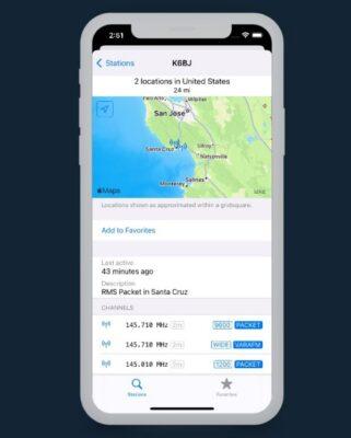 Screenshot of the Winlink app for iOS showing map location and some stations