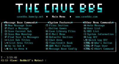 Shows the main menu of the Cave bulletin board system