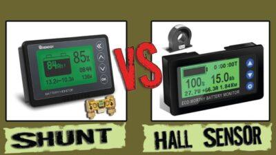 YouTube thumbnail showing tow battery monitor devices, with words Shunt vs Hall Sensor