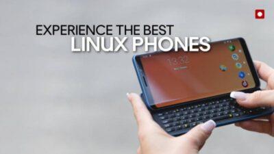Phone of pair of hands holding a clamshell design phone with title saying Experience The Best Linux Phones