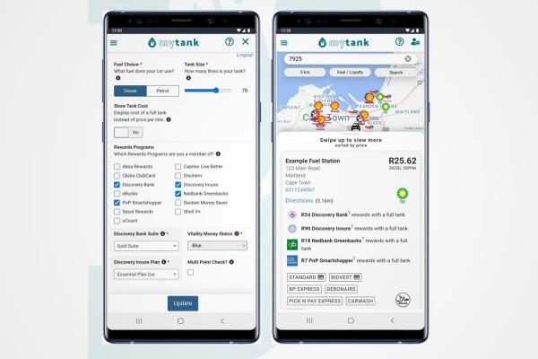Screenshot of the MyTank Android app with map showing cost to fill a fuel tank at various garages