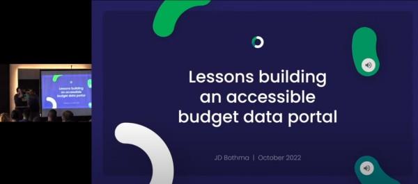 Screenshot from video showing title slide of presentation saying Lessons learnt building an accessible budget data portal