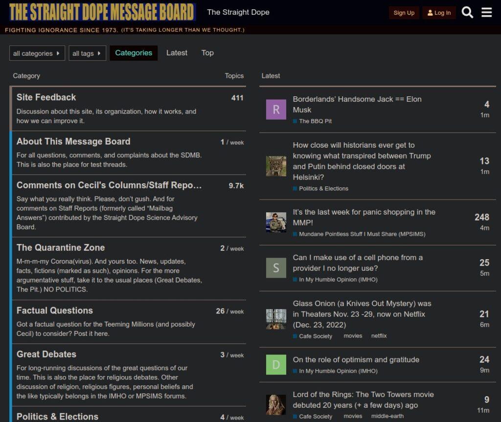 Screenshot of The Straight Dope bulletin board showing various categories like bulletin boards used to have