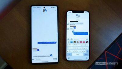 Photo of an iPhone and an Android phone side by side, with iMessage app working on the Android phone