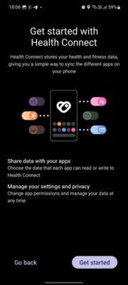 Android screenshot showing the get started screen for Health Connect service