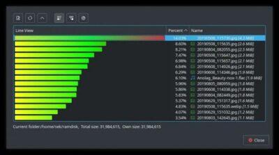 Screenshot of Krusader file manager showing list of directories with the drive space occupied by each