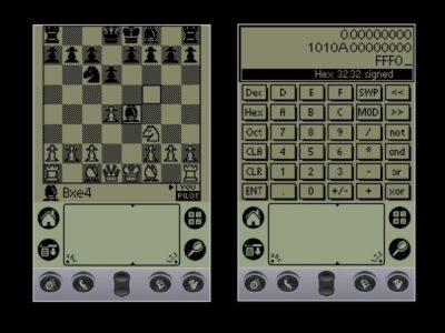 Two screenshots showing a view of a Palm Pilot emulator, one with a chess game, and another with a calculator