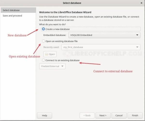 Screenshot of a wizard for creation of a database in LibreOffice. Can choose between creating a new database or open an existing database.