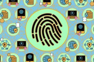 Background has icons showing fingerprint scanning on phones, laptops with hands typing. Foreground has a large fingerprint.