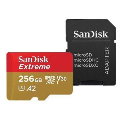 A SanDisk SD card showing 256 GB of storage with A2 on it