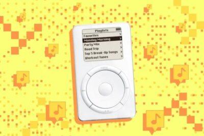 Yellow background with a white iPod in foreground showing its LCD menu screen