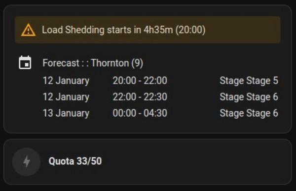 A card displaying the time to next load shedding in hours and minutes, and lists the three upcoming schedules and what stage of load shedding they are, with a start and end time for each one.