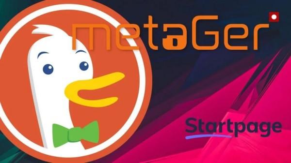 Round orange background logo with duck's head on it, and words MetaGer and Startpage