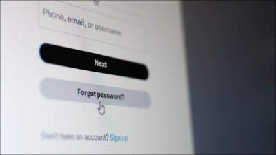 Close view of a login screen showing a prompt for phone, e-mail or username, with button labelled Next and another for Forgot Password.
