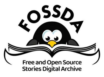 Cartoon type image of a penguin with an open book, and title FOSSDA with Free and Open Source Stories Digital Archive