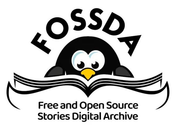 Cartoon type image of a penguin with an open book, and title FOSSDA with Free and Open Source Stories Digital Archive