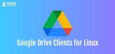 Google Drive triangulat three coloured logo with words 'Google Drive Clients for Linux'