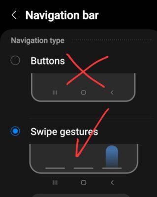 Option screen on Android to choose between a navgation bar with buttons at bottom of screen vs swipe up (no buttons showing)