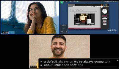 Jitsi video conferencing screen showing a man and a woman and a screenshot, with live text caption at bottom