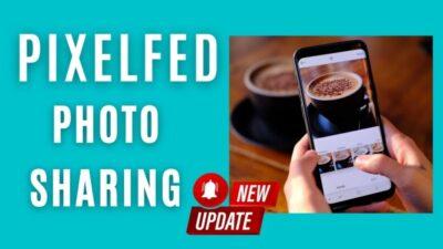 Teal background with text title Pixelfed Photo Sharing and a picture of two hands holding a phone, that has a photo of a cup of coffee on the screen