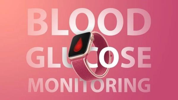 Pink background with words blood glucose monitoring, with an Apple watch in front with band looped around the glucose word