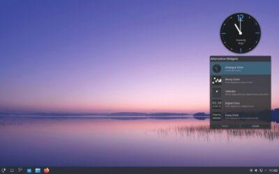 A computer desktop display with background showing a landscape at sunset with water and sky, a panel at bottom, and a analogue clock widget at top right, with a box below it listing alternative widgets.