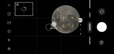 Screenshot of camera view on smartphone with close up view of teh Moon, and an aiming square top left to help locate the Moon at full zoom.