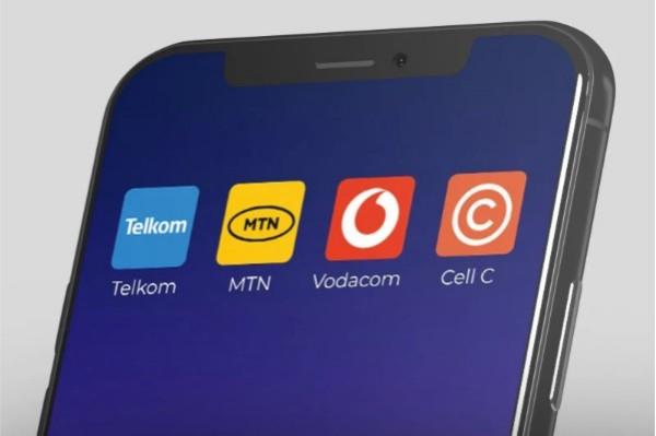 Top half of a smartphone showing logos and names for Telkom, MTN, Vodacom and Cell C