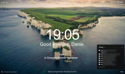 View showing white cliffs and grassy fields on top, with time in centre and a greeting underneath with today's to being Googe Home speaker (marked as completed).