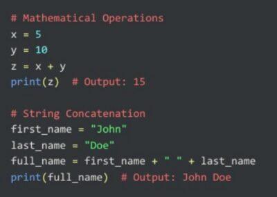 Snippet of code showing variable declarations and a string concatenation