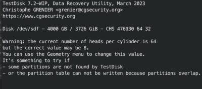 TestDisk data recovery text screen showing lots of information about the hard drive