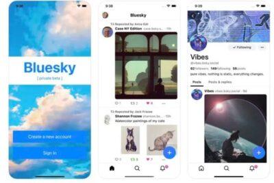 Three screenshots of the Bluesky social media app on iOS
