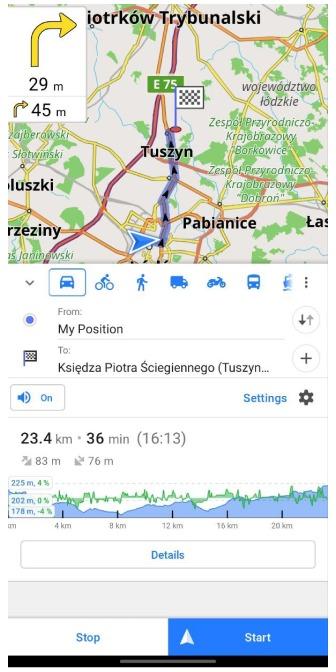 Navgiation map view for driving show upcoming turns, stats for the route, etc