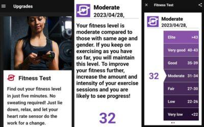 Screenshots showing the fitness measurement screens with instructions.