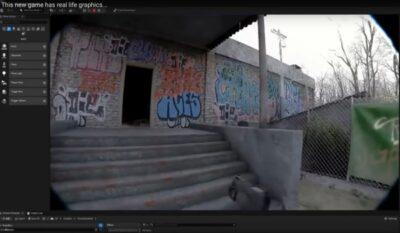 Short flight of concrete stairs leading to entrance of a building with graffiti all over the walls
