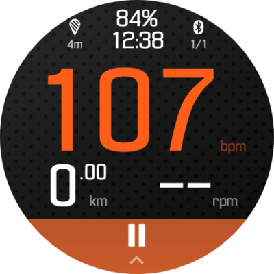 Circular screenshot for the Samsung Watch of the Sport Go app with a heart beat shown in orange of 107.