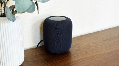 Apple Homepod speaker standfing on top of a wooden countertop