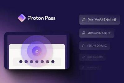 Proton Pass name on purple background with some random text passwords