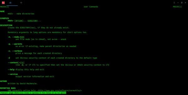 Black terminal screen with green font, displaying a man help page about the MKDIR command.