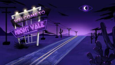 Purple filtereed scene showing a road into the distance with telephone poles and cactus alongside, and a sign saying Welcome to Night Vale a Friendly Community