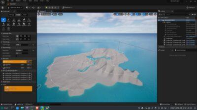 Screenshot of a desktop editor with a bare bones island 3D shape with a lake and a river.