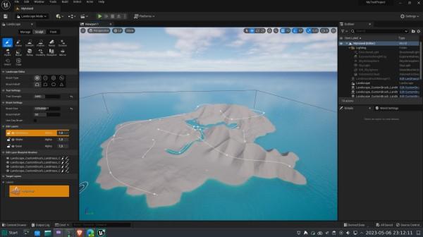 Screenshot of a desktop editor with a bare bones island 3D shape with a lake and a river.