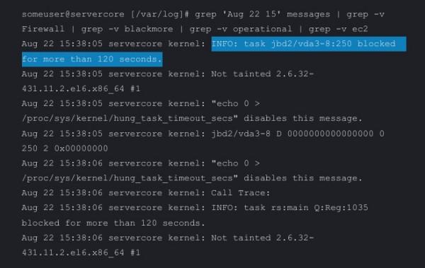 Terminal screen showing text 'task blocked more than 120 seconds'