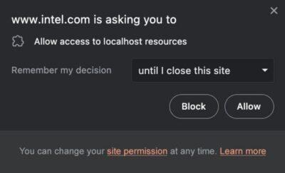 Pop up window asking user whether they want to grant access to localhost resources with buttons for block or allow