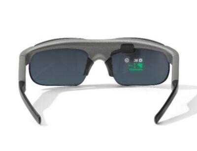 Pair of sunglasses showing a HUD display in one of the lenses