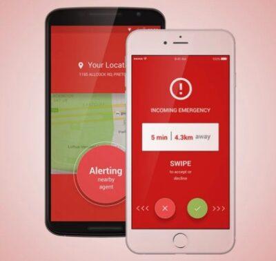 Smartphone showing a red screen with words incoming emergency call with a distance and estimated time shown, , with the options to accept or reject the incoming call.